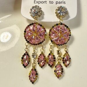 Fashion Jewelry Pink and Gold Statement Earrings 2.25×0.75 inch